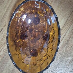 Amber Vintage  Carnival Glass Footed Fruit Bowl